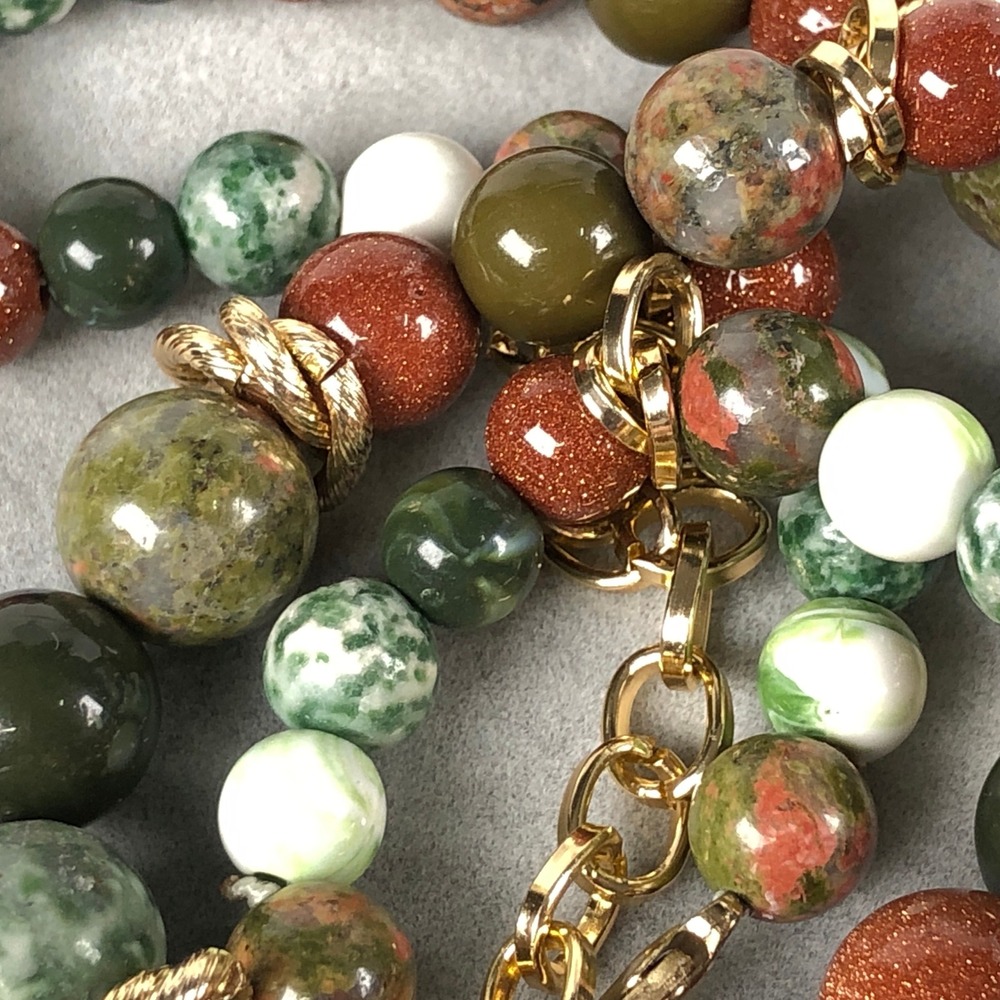 Natural Stone Beads Jewelry Set Unakite Green Jasper Goldstone Gold Tone Spacers - Picture 4 of 11